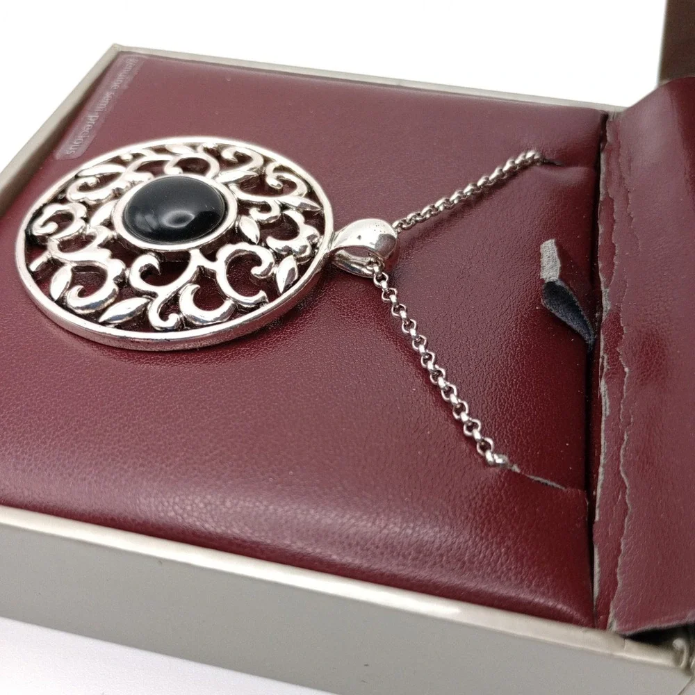 Etienne Aigner Silver-Tone Filigree Round Semi-Precious Pendant Necklace w/‎ Box